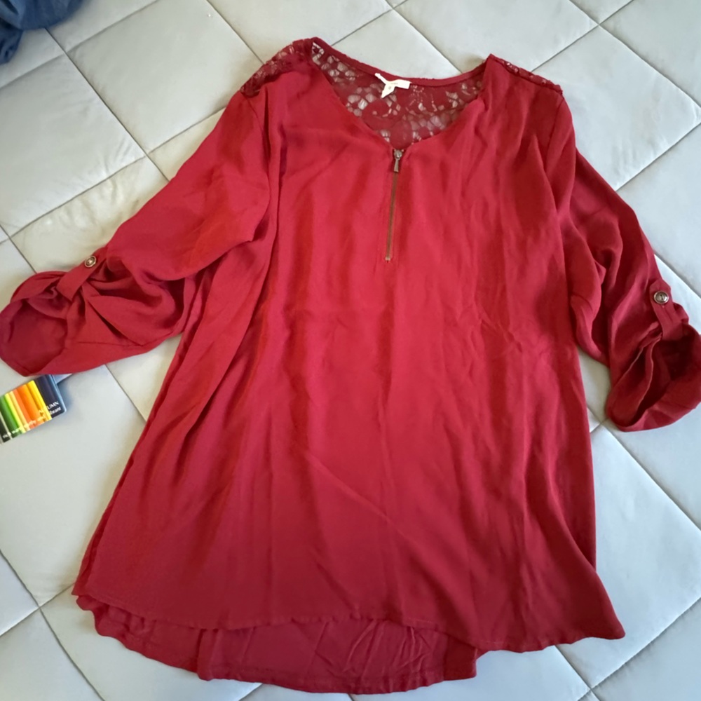 Maurices Burgundy Lace Yoke Zip-Front Blouse - Picture 1 of 3
